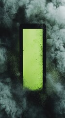 Neon green block emerging through swirling smoke and powder clouds