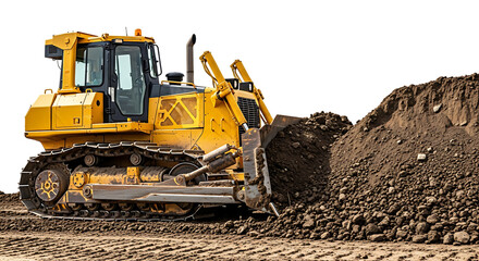Obraz premium Yellow bulldozer pushing a mound of dirt and soil, isolated on a white or transparent background, cutout, PNG