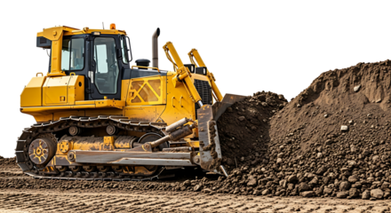 Yellow bulldozer pushing a mound of dirt and soil, isolated on a white or transparent background, cutout, PNG