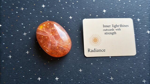 A solitary radiant sunstone with sparkling inclusions and a descriptive card on a starry dark background
