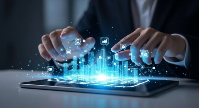 Hands Interacting With a Glowing Blue Futuristic Smart-City Hologram on a Digital Tablet - Powered by Adobe