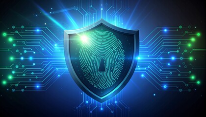 Digital security shield with fingerprint and keyhole on a glowing circuit board background, representing data protection and cybersecurity.