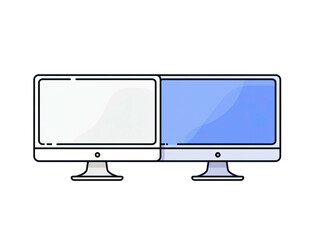 Two cartoon computer monitors side-by-side, one with a blank white screen, the other blue