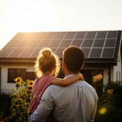 Close-up of happy father and toddler smiling with solar house backdrop.