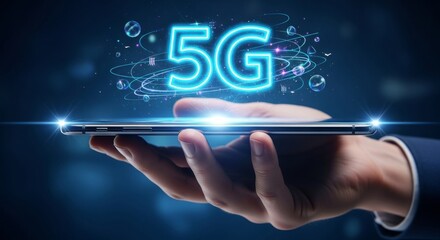 Obraz premium Smartphone Projection with Neon 5G Hologram and High-Speed Connectivity Effects