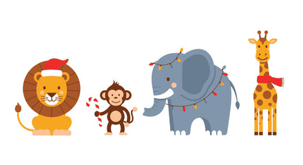 Fototapeta premium Cute Christmas safari animals collection, festive lion and monkey with candy cane, holiday elephant and giraffe vector set