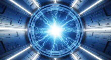 Futuristic glowing portal with bright blue energy in a sci fi tunnel