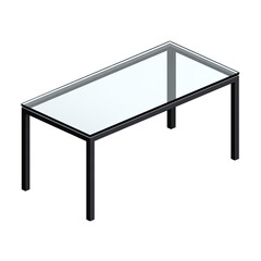 Isometric view of a minimalist rectangular table. Features a clear glass top and dark metal frame