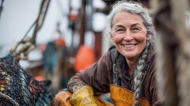 Senior woman captain navigates fishing boat professionally. Elderly female fisherman owns micro business on water. Mature 60+ strong skipper works actively. Retirement career lifestyle. 