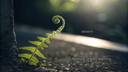 A solitary fern unfurling its frond, catching the soft, diffused sunlight in a moment of new growth