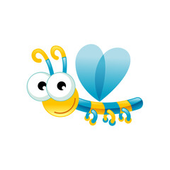 Cute cartoon flying bee with big googly eyes and blue heart-shaped wings, a funny striped insect character