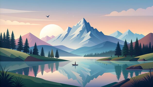 A serene landscape painting featuring majestic snow-capped mountains reflected in a calm lake at sunrise, surrounded by pine forests and a lone boat.