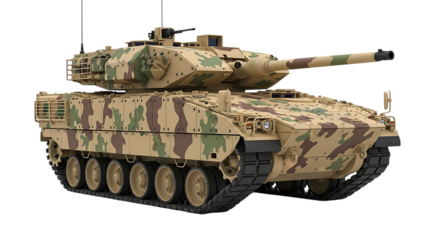 Modern Main Battle Tank with Camouflage Pattern and Turret Mounted Machine Gun, isolated on a white or transparent background, cutout, PNG