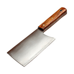 Realistic, angled top-down view of a cleaver with wooden handle and shiny steel blade