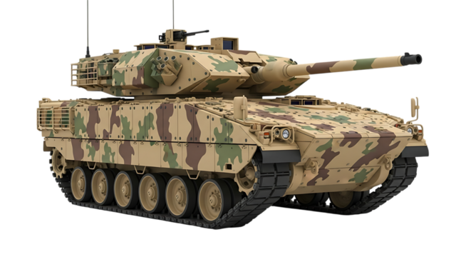 Modern Main Battle Tank with Camouflage Pattern and Turret Mounted Machine Gun, isolated on a white or transparent background, cutout, PNG