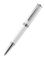 A luxury white rollerball pen, chrome accents, isolated on black