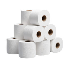 A pyramid-shaped arrangement of clean white toilet paper rolls, stacked high, on a black background