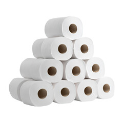 Stack of white toilet paper rolls arranged in a pyramid shape against a transparent background