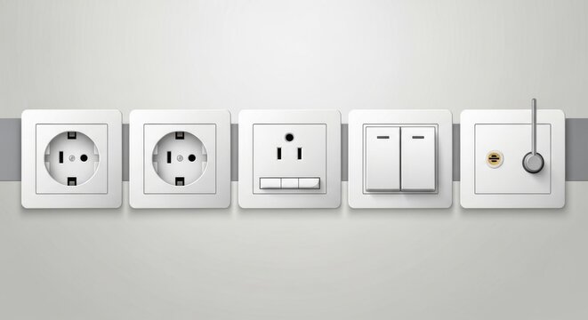 Realistic Vector Set of White Electrical Outlets and Light Switches on a Gray Background