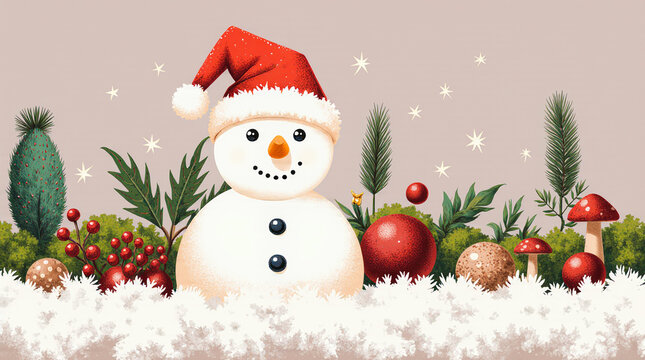 Charming snowman with festive decorations and winter elements