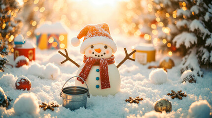 Joyful snowman with santa hat and scarf in snowy winter wonderland
