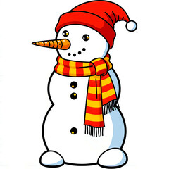 Cute cartoon snowman wearing a red hat and striped scarf