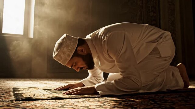 A devout Muslim man performing Salah prayer in a mosque. Kneeling and bowing in prostration with dramatic light from a window. Islamic faith and spiritual devotion concept
