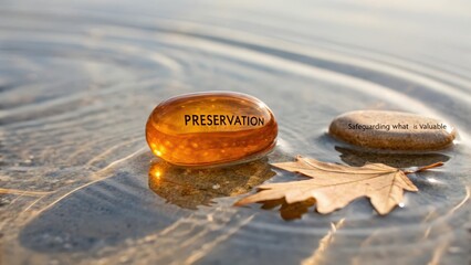 An amber stone with the word Preservation resting on a tranquil beach with flowing water and a fallen leaf