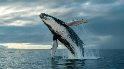 Obraz premium Humpback Whale Breaching Dramatic Ocean Sky Powerful Jump