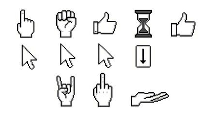 Pixel Art Hand Gestures and Cursor Icons Arranged in a Clean 3×3 Grid