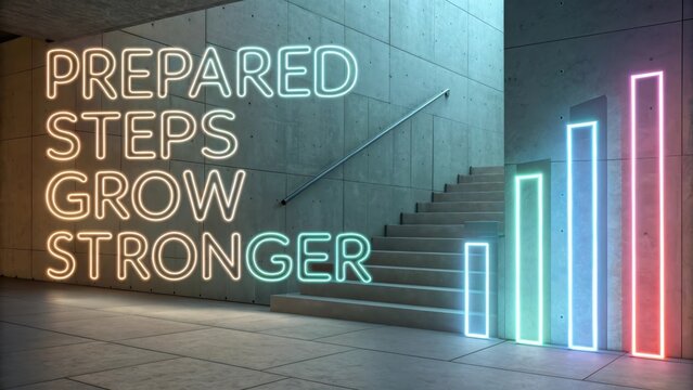 Glowing neon bar chart layers ascend stairs in modern architecture, symbolizing upward financial growth and future success - Powered by Adobe