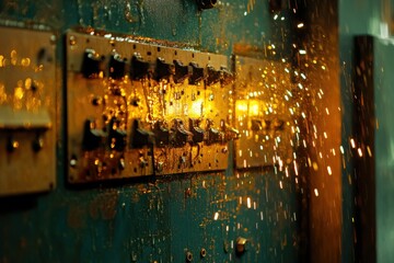 Industrial control panel with illuminated sparks and water droplets in motion