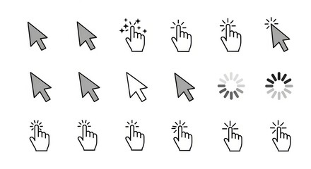 Mouse Cursor Icons with Hand Click Gestures, Arrow Pointers, and Loading Symbols on a Clean White Background
