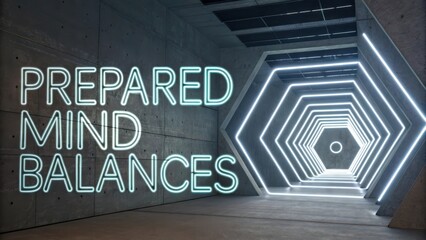 Geometric tunnel illuminated with neon hexagons leading to a bright future