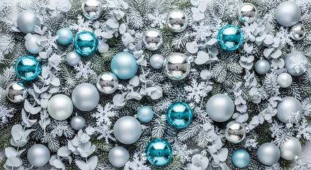 ELEGANT FROSTED CHRISTMAS BACKGROUND WITH SILVER AND TEAL ORNAMENTS