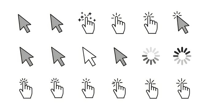 Mouse Cursor Icons with Hand Click Gestures, Arrow Pointers, and Loading Symbols on a Clean White Background