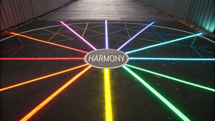 Brightly colored light beams radiating from a central 'Harmony' sign on a paved walkway