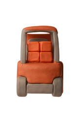 Mini clay forklift loading crates onto shelf with orange and gray colors, showing playful and creative handmade design