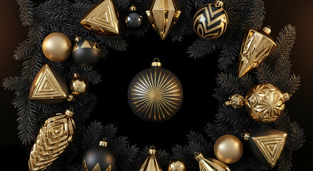 LUXURY BLACK AND GOLD CHRISTMAS WREATH FRAME WITH MODERN GEOMETRIC ORNAMENTS ON A DARK BACKGROUND