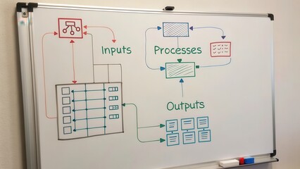 Detailed whiteboard flowchart diagram illustrating inputs, processes, and outputs for system planning and analysis