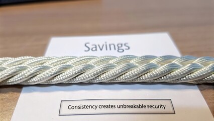 Intricate braided silver rope texture with text about savings and security, in soft diffused light