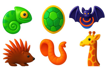 Obraz premium Animal Adaptations Icons. 3D icon set of animal adaptations: chameleon camouflage, turtle shell, bat sonar, porcupine quills,