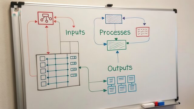Detailed whiteboard flowchart diagram illustrating inputs, processes, and outputs for system planning and analysis