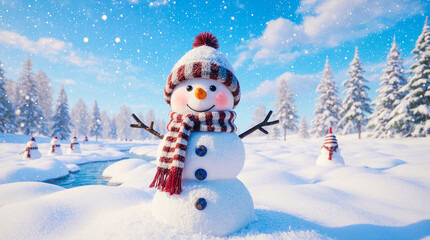Obraz premium Joyful snowman in a winter wonderland with falling snow