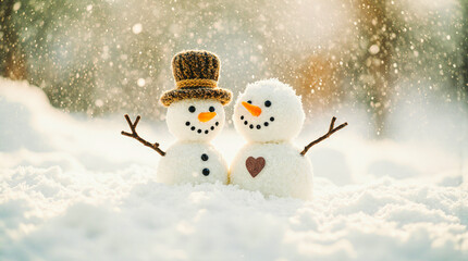 Two adorable snowmen embracing in a snowy winter wonderland