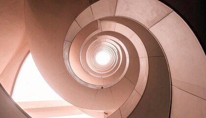 A modern spiral staircase with a geometric design, viewed from directly below, leading upwards towards a bright light.
