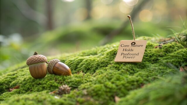 Oak Acorns Resting on Lush Mossy Ground with an Inspiring Message Tag in the Forest