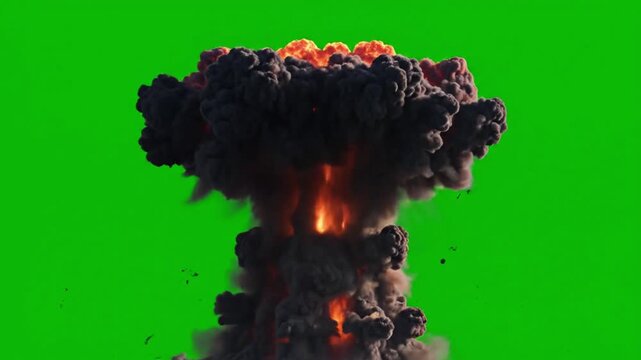 Massive nuclear mushroom cloud explosion erupting with intense fire and debris against a vibrant green screen background, perfect for dramatic cinematic sequences and action-packed visual effects.