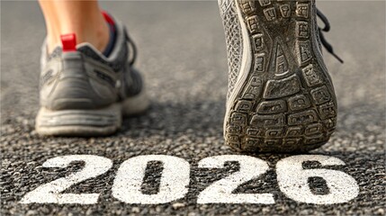 Jogger feet passing 2026 road marking, Walking into 2026 year on asphalt track