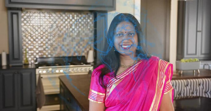 Woman turning to camera, tightening activating blue map sweeping across torso, showing kitchen tech